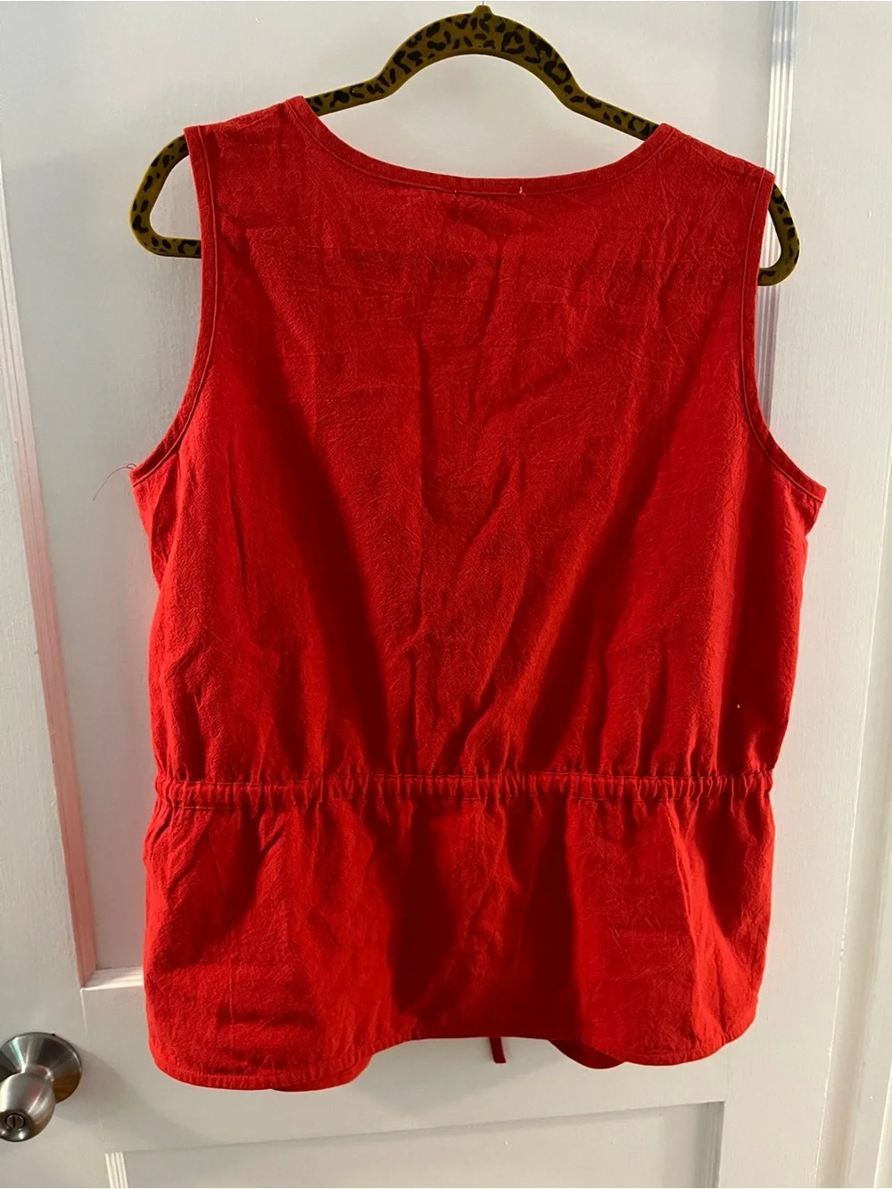 Red Button-Front Cotton Tank Cinched Waist